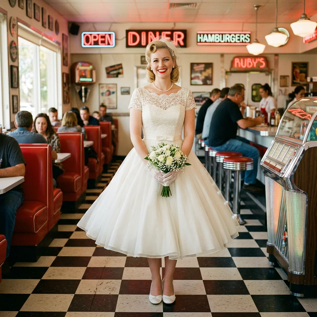 Vintage 1950s Lace Cap Sleeve Tea Length Wedding Dress with Bow Sash Retro Rockabilly Bridal Gown