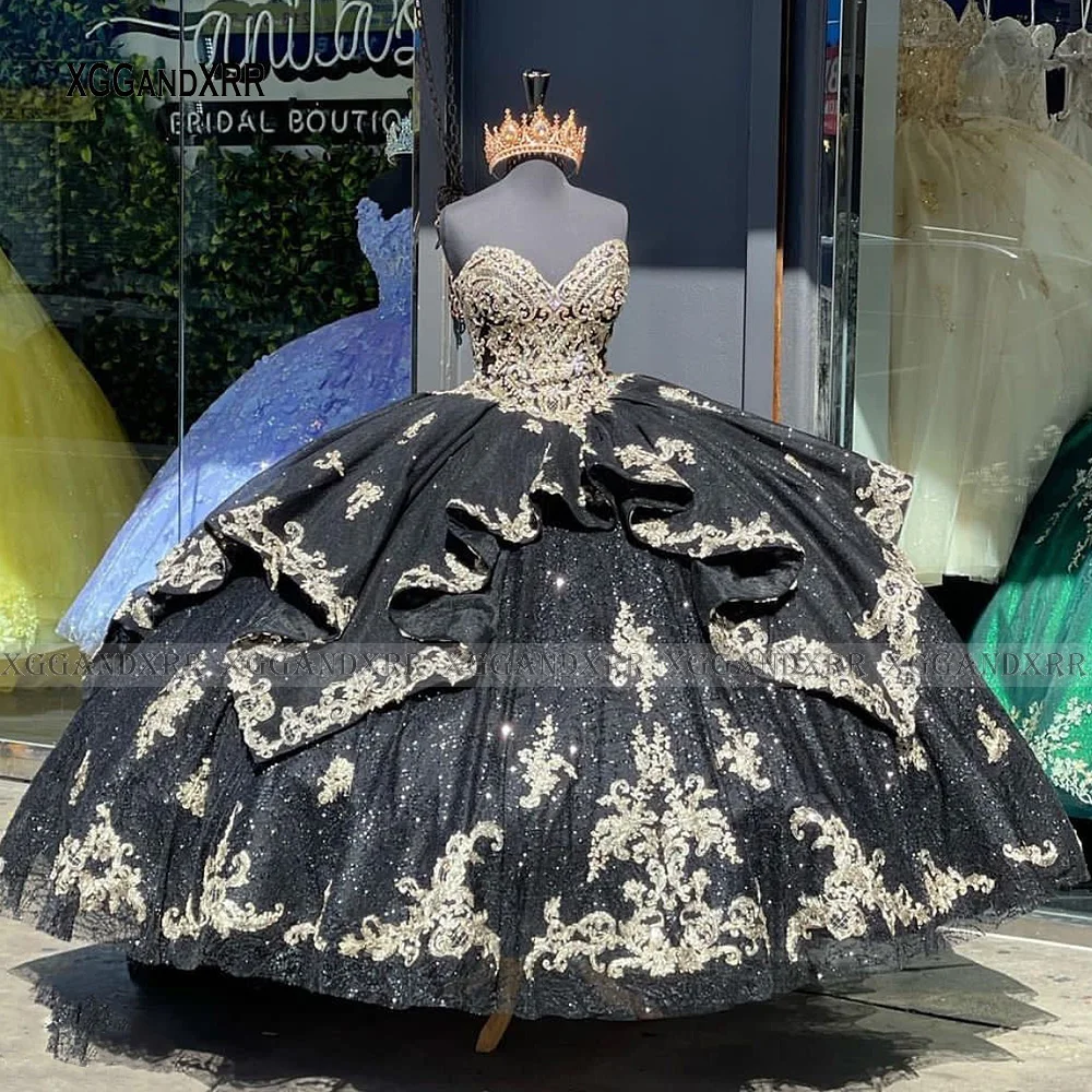 Gaun Quinceanera hitam 2023 kain berkilau manis gaun pesta Prom ulang tahun 15 16 gaun pesta dansa renda Applique lapis pakaian kontes