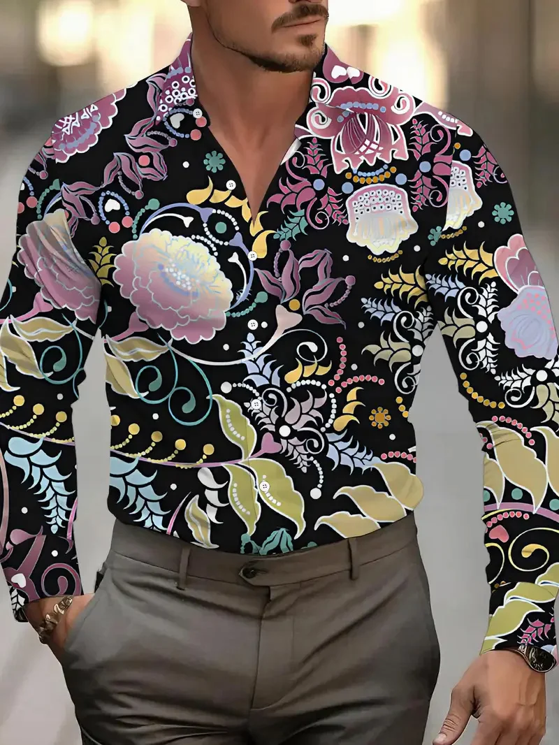 

New Men's Long Sleeve Shirt 3D Striped Print Casual Single Row Buckle Beach Notes Fashion Summer Top