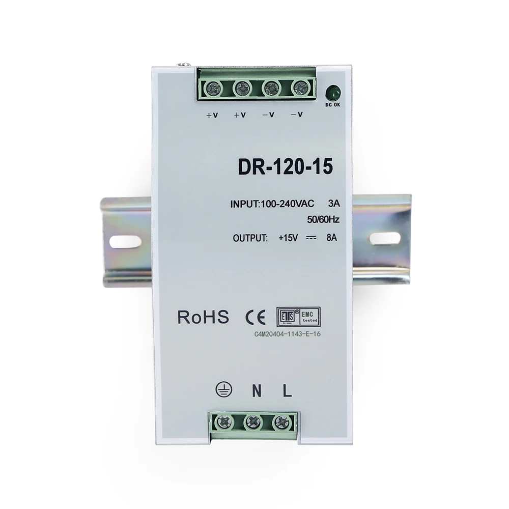 100-240V AC To DC 15V 8A 120W DIN Rail Power Supply Over Voltage Load Protection Industrial Automation Control