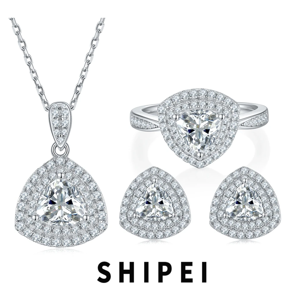 

SHIPEI Solid 925 Sterling Silver 3EX VVS1 D Real Moissanite Triangle Diamonds Earrings/Pendant/Necklace/Ring Jewelry Sets GRA