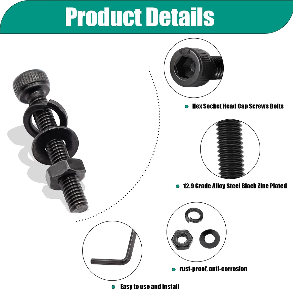 ชุดสกรูเหล็กอัลลอยด์เกรด 12.9 จำนวน 440 ชิ้น ขนาด M3x6/8/10/12/16/20 มม. พร้อมน็อตหัวหกเหลี่ยม แหวนรอง และน็อตแบบรวม