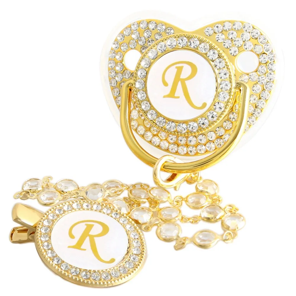 Goldener Baby-Schnuller mit 26 Anfangsbuchstaben und Diamantkettenclip