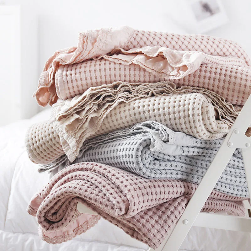 Lotus Leaf Waffle Cotton Thin Blanket Solid Summer Lightweight Air Conditioning Quilt Multifunctional Nap Blankets for Office