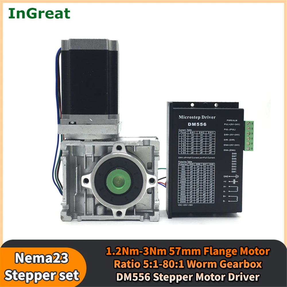 Nema23 Motor Worm Gearbox Driver Kit NMRV030 Gear Reducer Ratio 5:1-80:1 Stepper Motor 1.2/2.2Nm/3Nm 2-phase Hybrid Motor DM556