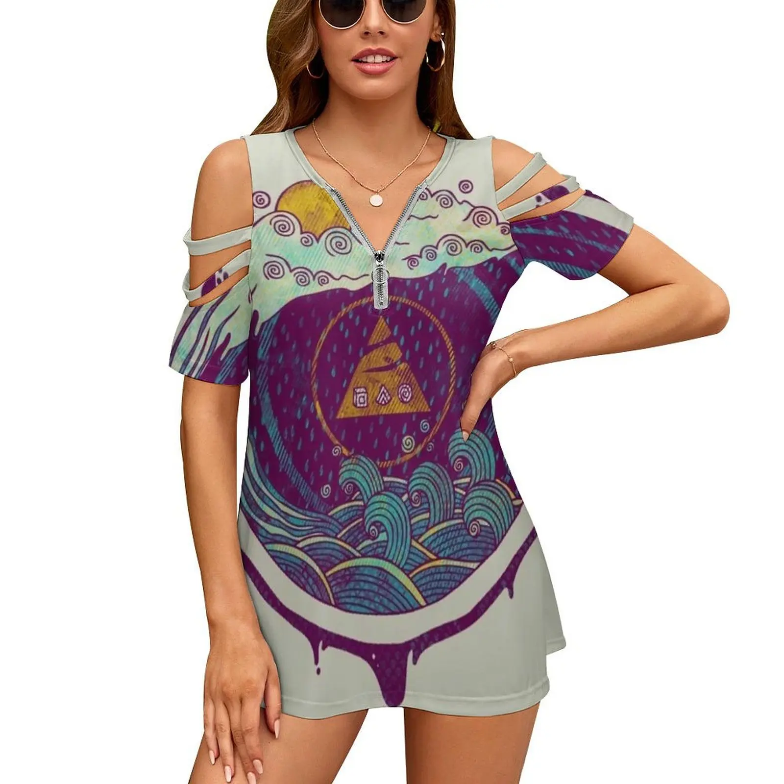 Chemise à Manches Courtes pour Femme, Haut à Fermeture Éclair, Nouvelle Mode, Ondes, Liquide, Tempête, Nuage, Pluie, Géométrie Concentrique