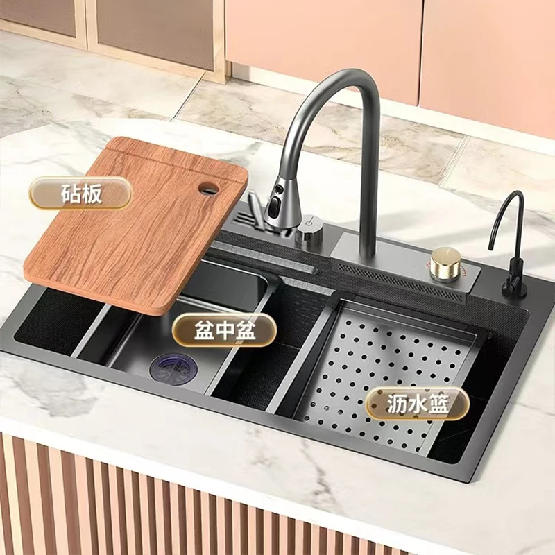 

5MM waterfall knife holder small rice grain embossed sink black diamond stainless steel kitchen household vegetable basin