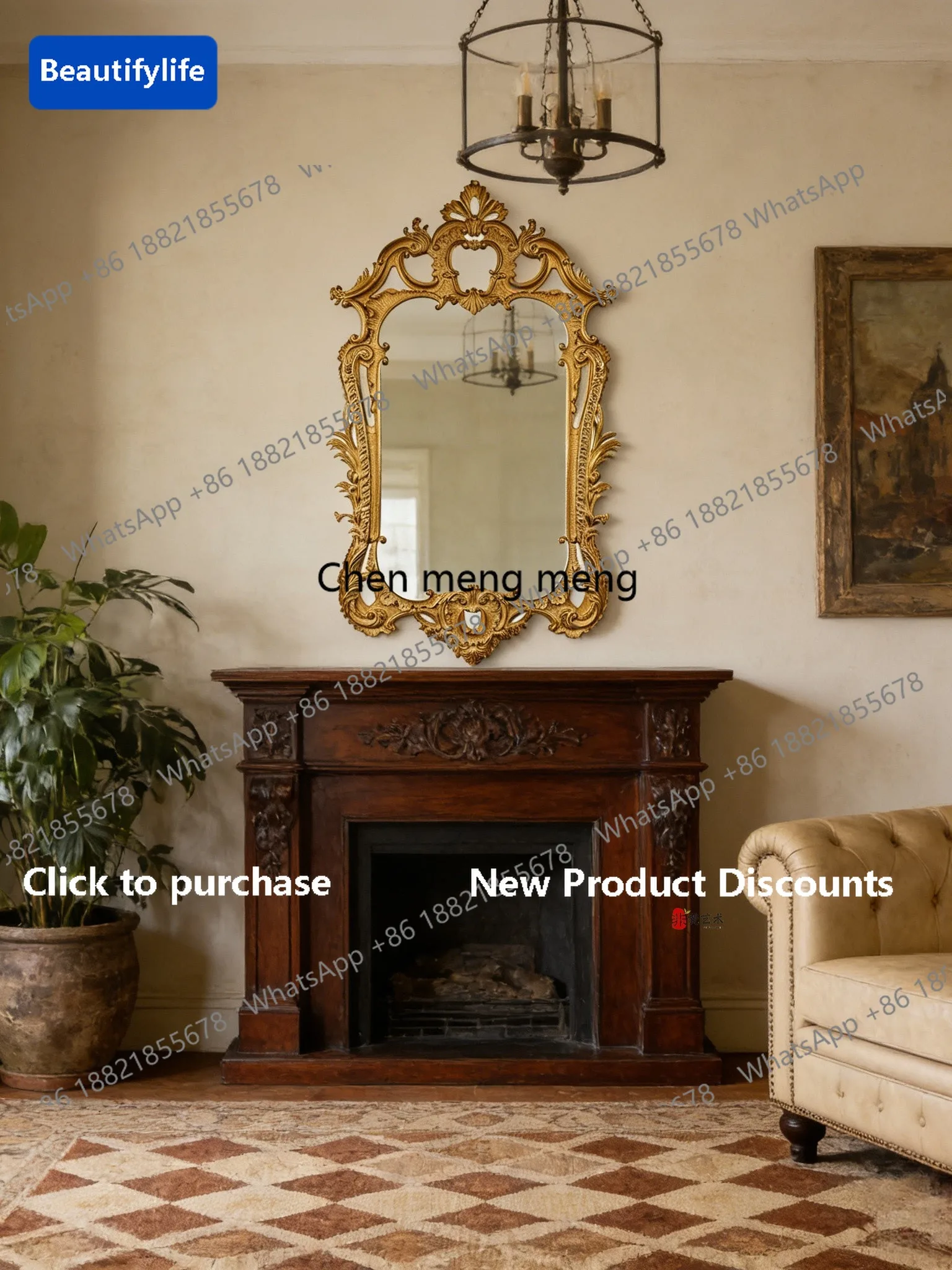 a95  French retro carved bathroom vanity mirror European light luxury fireplace decorative mirror court style wall hanging