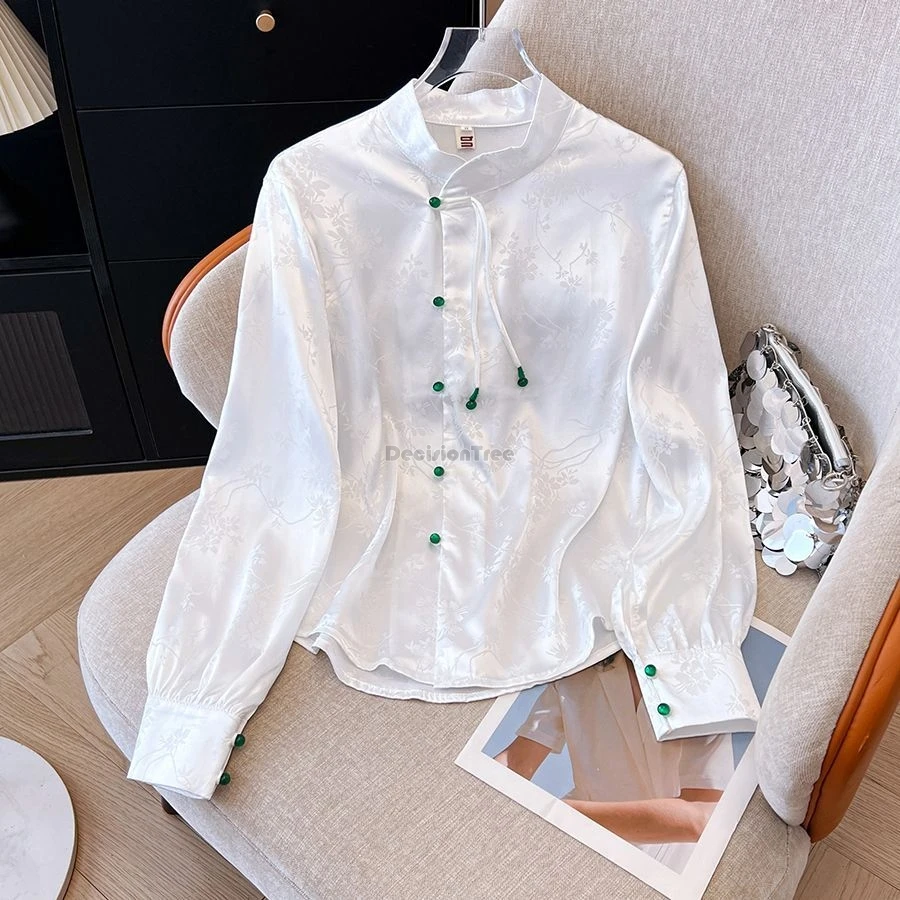 National style buckle tang suit top chinese women\'s shirt Spring summer long sleeve stand collar printing cheongsam blouse