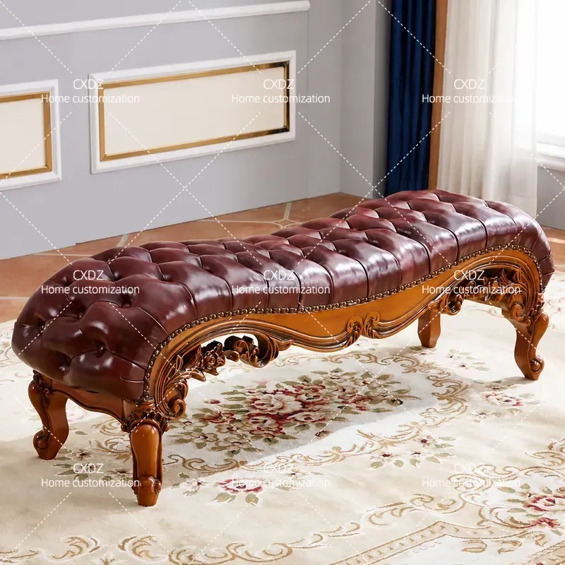Solid Wood Carved End Stool Shoe Changing Bench European Style Bed Couch Living Room Bedroom Furniture Footstool Sofa