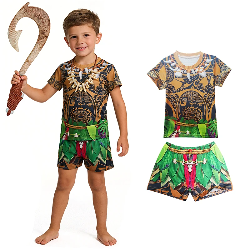 2Pcs Vintage Tribal Print Kids Cosplay Moana Maui Boys Swimsuits Summer Vacation Pool Party Top and Shorts Children's Swimwear