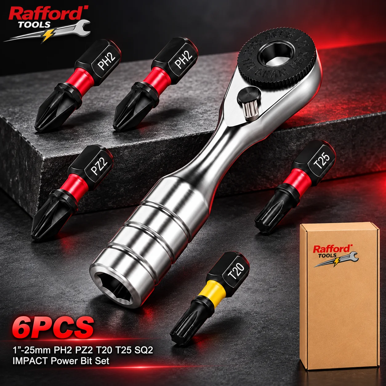 Rafford Mini-Ratschenschlüssel-Set, 6-teiliger Schraubendreher-Bit-Satz ULTRA TORQUE mit 1' PH2, PH2, PZ2, T20, T25, SQ2, Phillips Torx