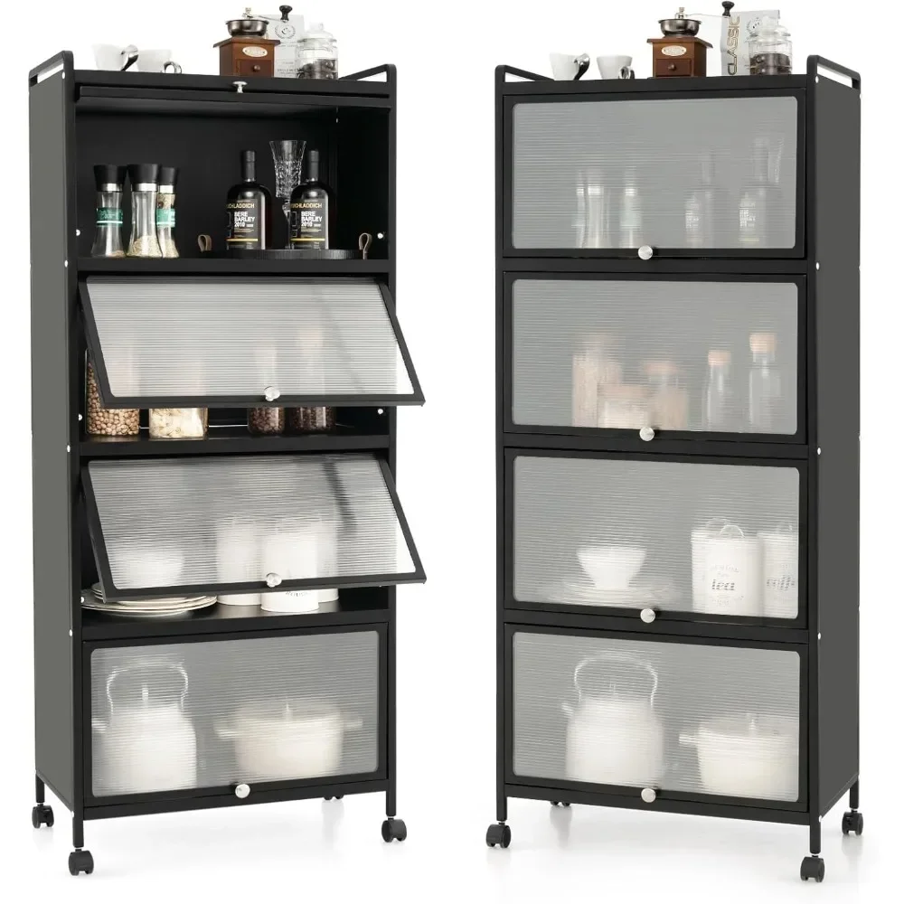 5-Tier Kitchen Storage Cabinet, Mobile Microwave Stand with Flip-up PC Doors, Freestanding Kitchen Bakers Rack