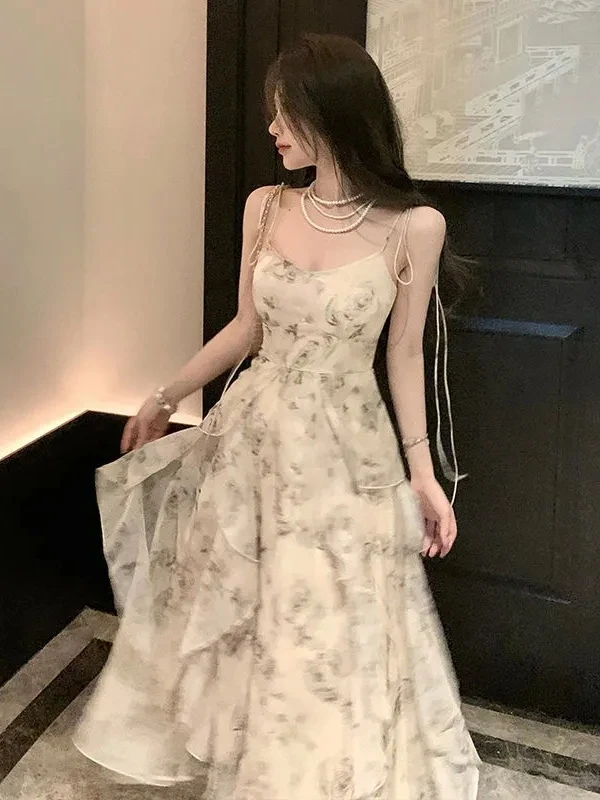 New Chinese Style Watercolor Floral Halter Dress Women's Summer Uneven Waist Long Dress Holiday Photo Shoot Skirt