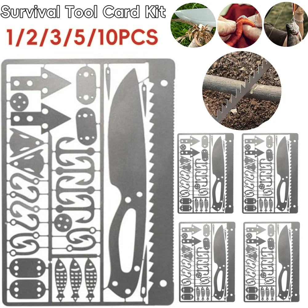 1-10PCS Stainless Steel Survival Tool Card Kit Outdoor Survival Fishing Hook Card Multi-Functional Fishing Lure Hook Sharpener
