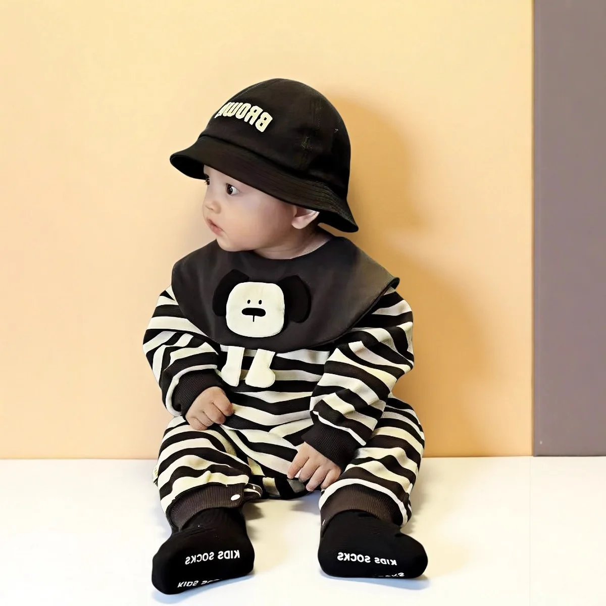 2026 New Autumn Baby Cartoon Romper Newborn Striped Jumpsuit With Detachable Collar Long‑Sleeve Crawling Soft One Piece Outfit
