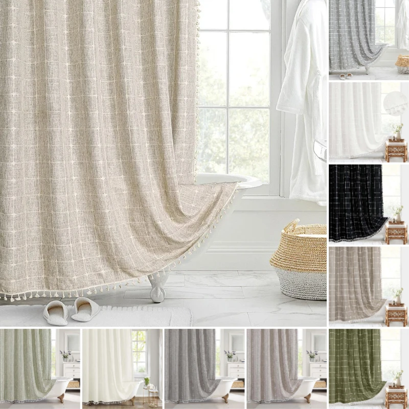 Waterproof Resistant Tassel Bathroom Partition Curtain Linen Textured Embroidery Shower Curtain with 12 Hook Boho Bathroom Decor