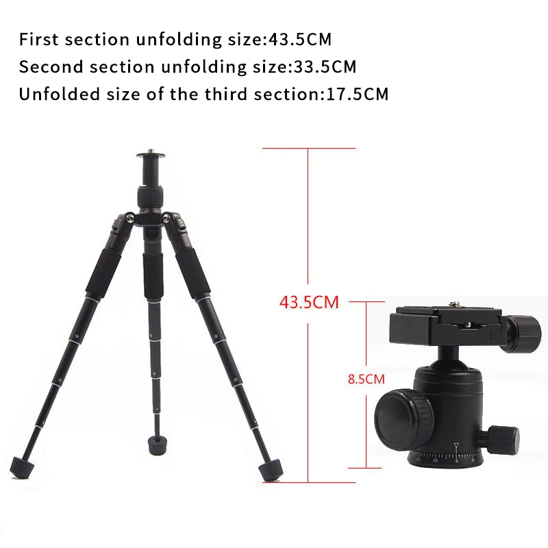 aluminium alloy Travel Tripod with 360°Ballhead, Mini Desktop Tripod for Mirrorless Cameras Folded Height 17.5cm Max Height 50cm