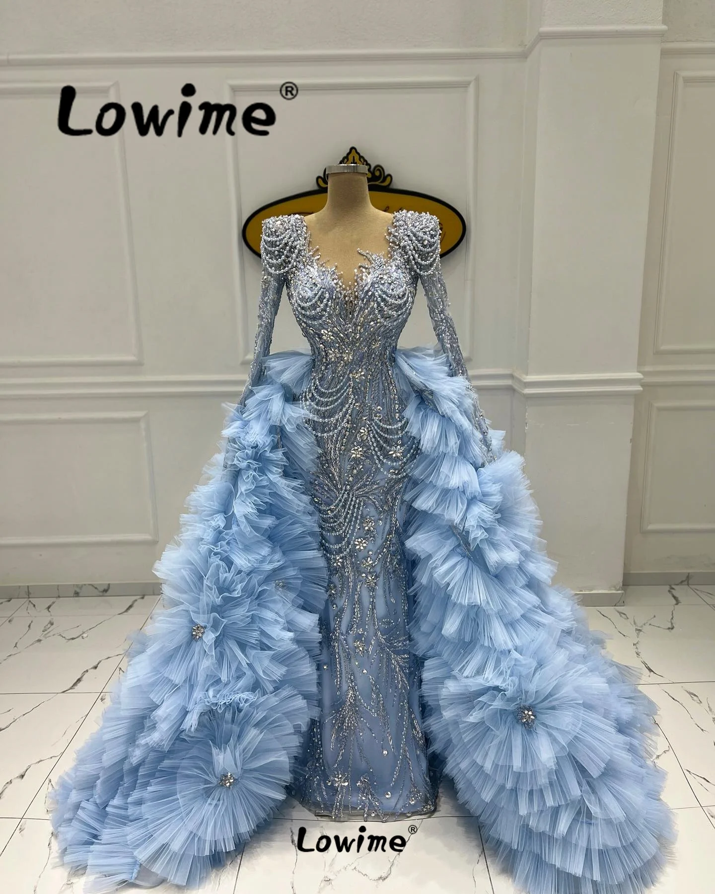 Amazing Blue Prom Dresses Long Sleeves Arabic Evening Dress 2024 Couture Mermaid Pearl Beading Floral Wedding Party Dress Robe