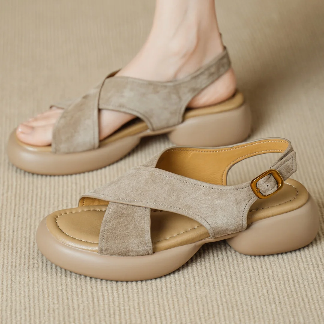 

danxuefei women's natural suede leather narrow band cross strap open toe thick sole platform flats sandals high quality shoes 40