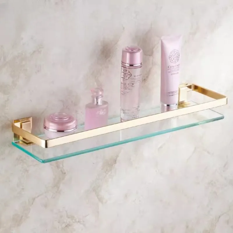 Gold Tempered Glass Vanity Shelf, Bathroom Wall Storage Rack, Rectangular Single-Layer Shelf, Stable Makeup Organizer for Sink