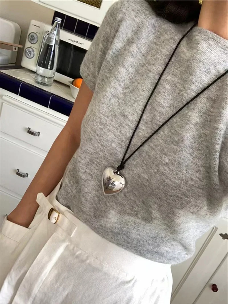 HANGZHI Leather Heart Rope Chain Necklace for Women Girls Adjustable Elegant Sweet Vintage Y2K Jewelry New