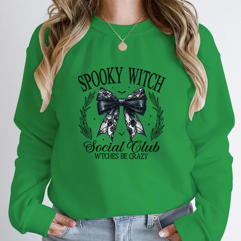 Halloween Bow Spooky Wicth Social Club Style Round Neck Pullovers Swetshirts Women Printed Casual Long Sleeve Hoodless Pullovers