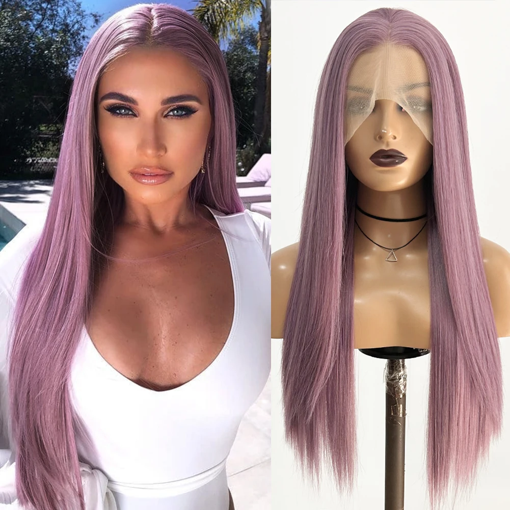 AIMEYA Synthetic Lace Front Wigs For Women Straight Long Lace Wig Purple Cosplay Wig Natural Hairline Party Synthetic Wigs Daily