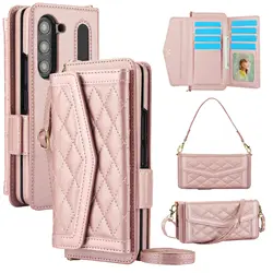Crossbody Leather Wallet Phone Case Card Holder For Samsung Galaxy Z Fold 6 5 4 3 with S-Pen Holder Straps Hand Holder Cover