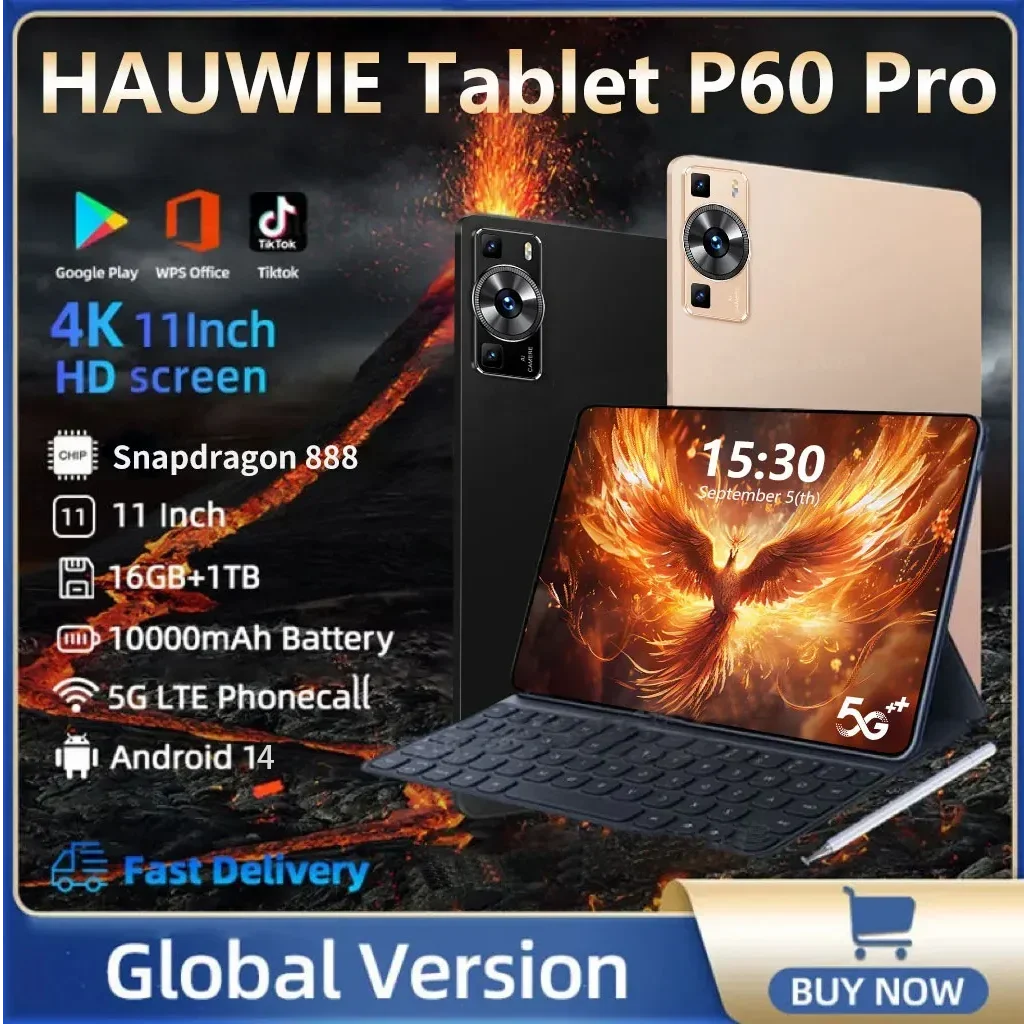 2024 Global Version Original P60 Pro Tablet 16GB+1TB 11 Inch HD 4K Android 13 Snapdragon 888 5G WIFI Dual SIM Tablette Hauwei PC