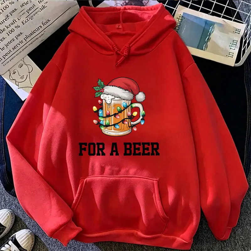 Sudadera con capucha de cerveza navideña, 100 % fibra de poliéster: sudadera con motivos festivos y temática de cerveza, ideal para fiestas navideñas.