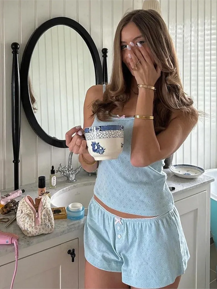 

Solid Color Slim Woman 2 Piece Set Outfit Casual Suspender Short Pants Homewear All-match Hollow Out Two Piece Outfits Trendy