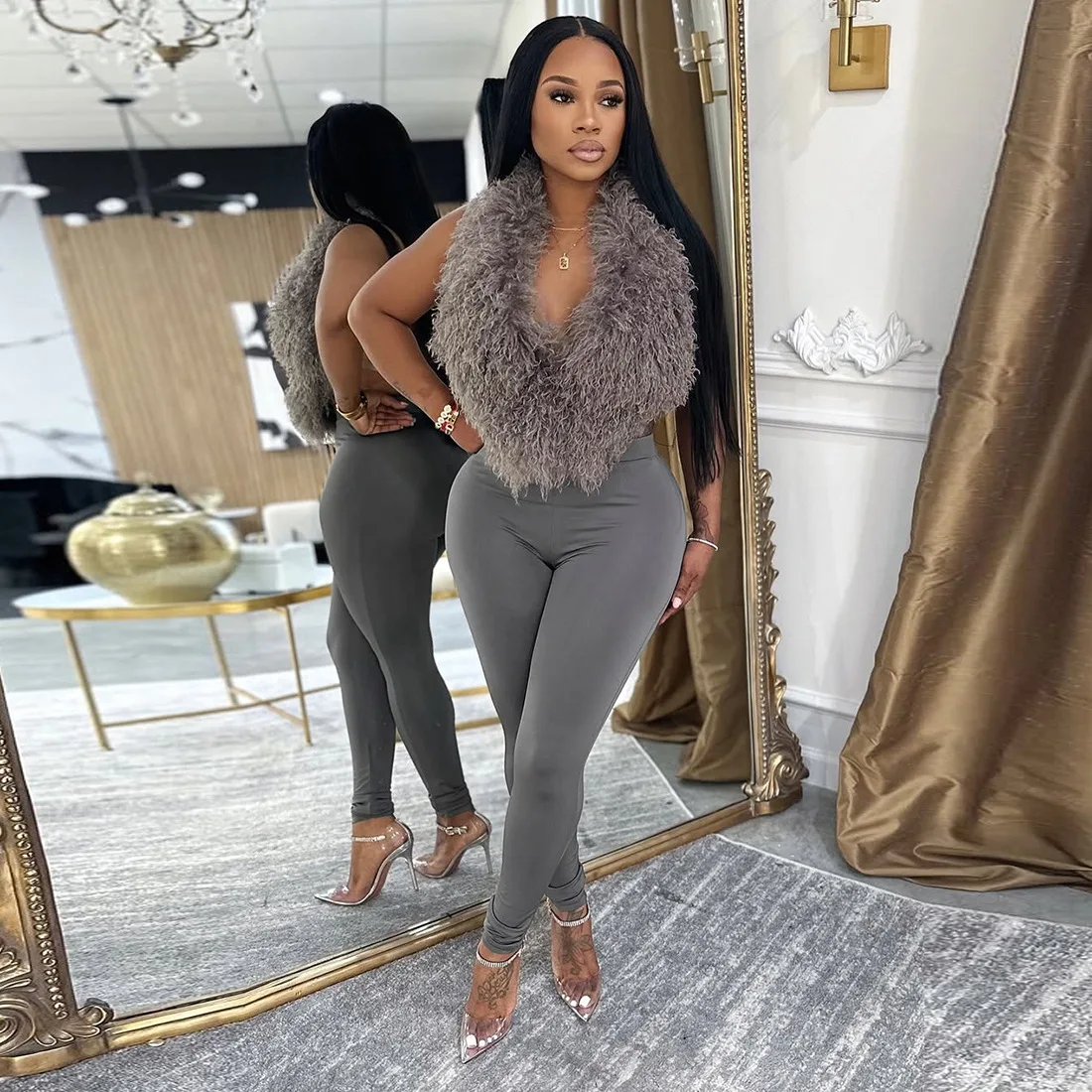 مثير الفراء سترة القمم 2 قطعة مجموعة بناطيل رجالي وتتسابق Y2K الشارع الشهير ملابس الشتاء الخريف المرأة موضة أنيقة نادي حفلة قطعتين مجموعات