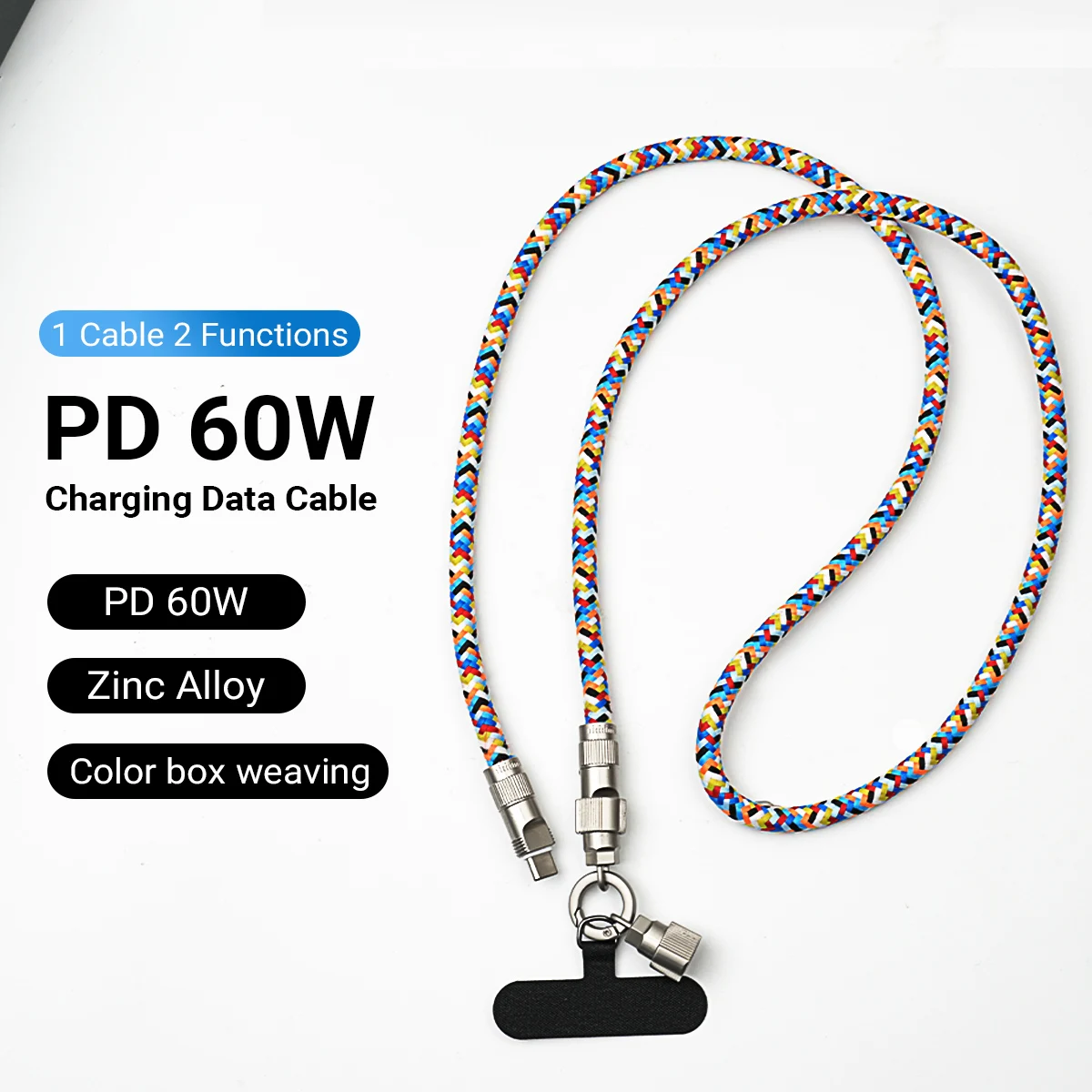 Fashionable Mobile Phone 2 In 1 Lanyard PD60W C To C Charging Cable Zinc Alloy Lock More Convenient And Safer For Mobile Phone