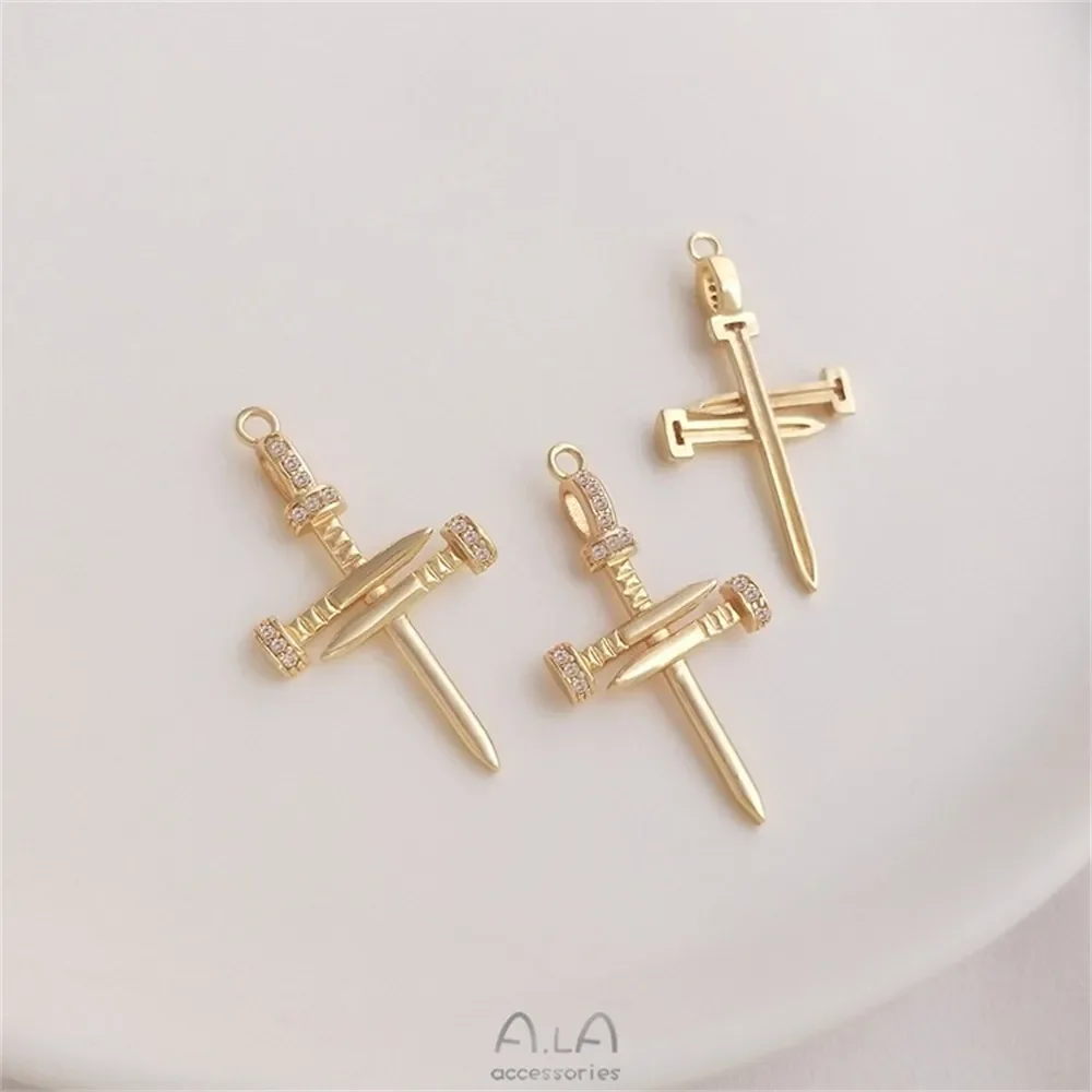 14K Gold Inlaid Zircon Cross Pendant, Handcrafted DIY Bracelet, Necklace, Ear Buckle Pendant, Pendant Accessories K254