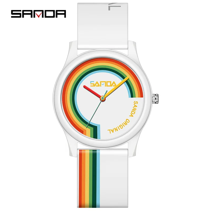 SANDA-reloj de cuarzo para estudiantes, cronógrafo de pulsera con correa de silicona, resistente al agua, creativo, arcoíris, regalo, 3219