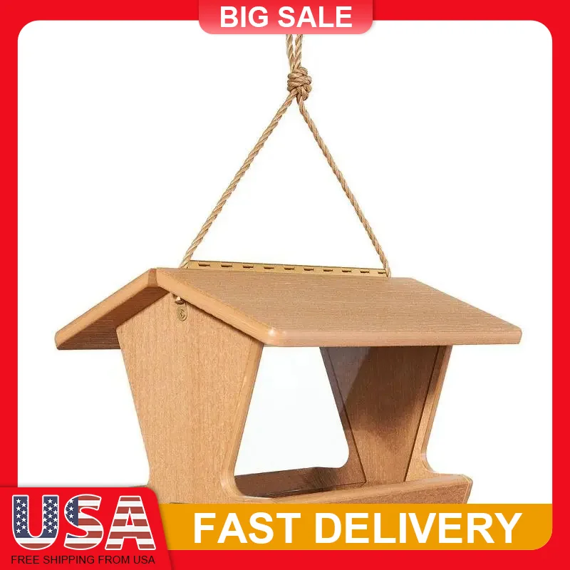 

Hopper Bird Feeder Natural Teak Color Recycled HDPE Weather Resistant UV Protected Powder Coated Aluminum Screen for Dry Seeds