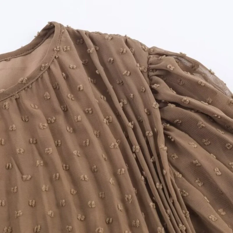 Damska wiosenna sukienka plisowana z marszczeniem w talii, wycięciem, okrągłym dekoltem, elegancka sukienka midi w kwiatowy wzór.