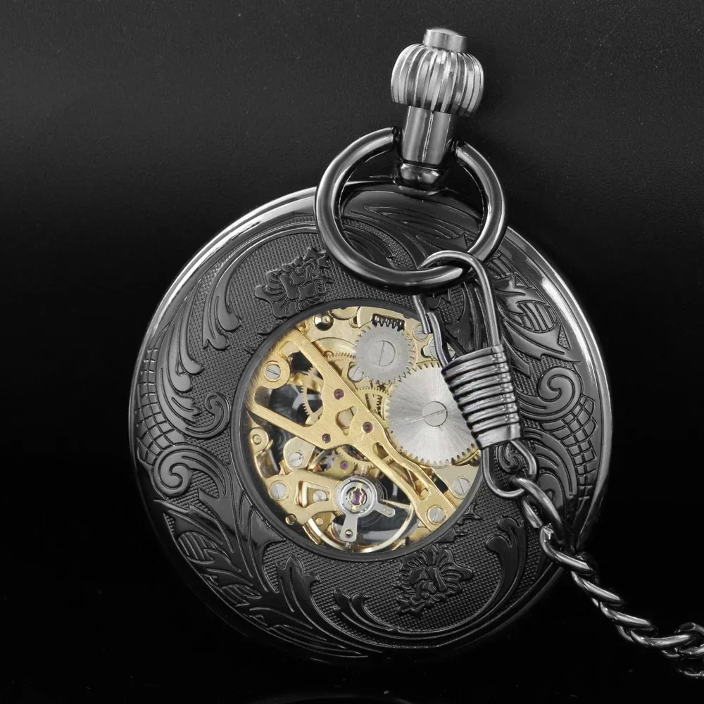 Vintage Luxury โลหะสีดํา Mechanical Hand Wind นาฬิกาพ็อกเก็ตนาฬิกาผู้ชาย Steampunk Vintage จี้ Fob นาฬิกาจี้นาฬิกาของขวัญ