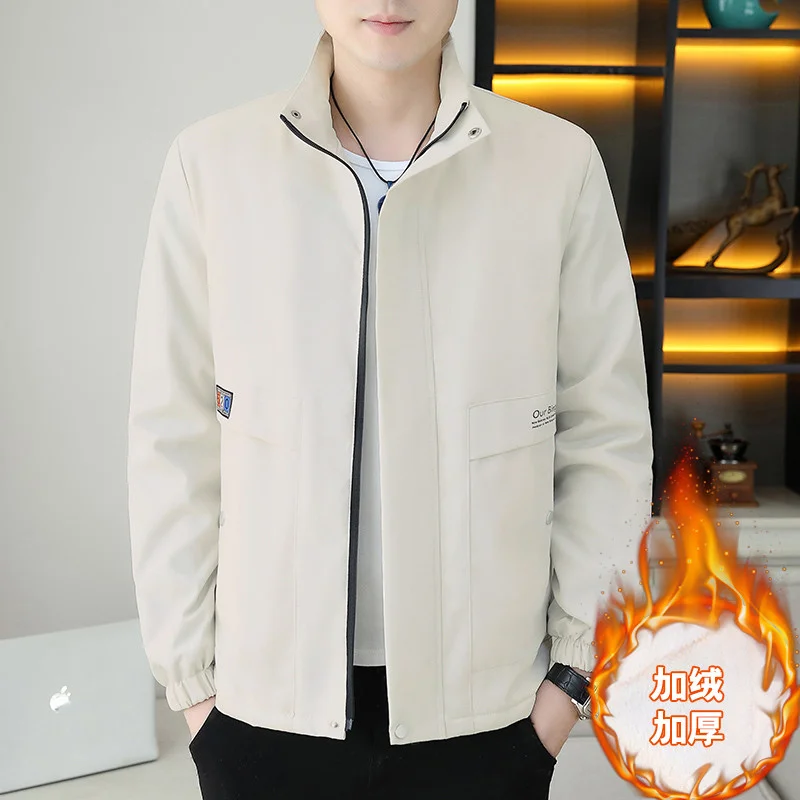 Men Fleece Lined Stand Collar Jacket Thick Warm Casual Zip Up Coat Fashion Long Sleeve Outerwear For Autumn Winter