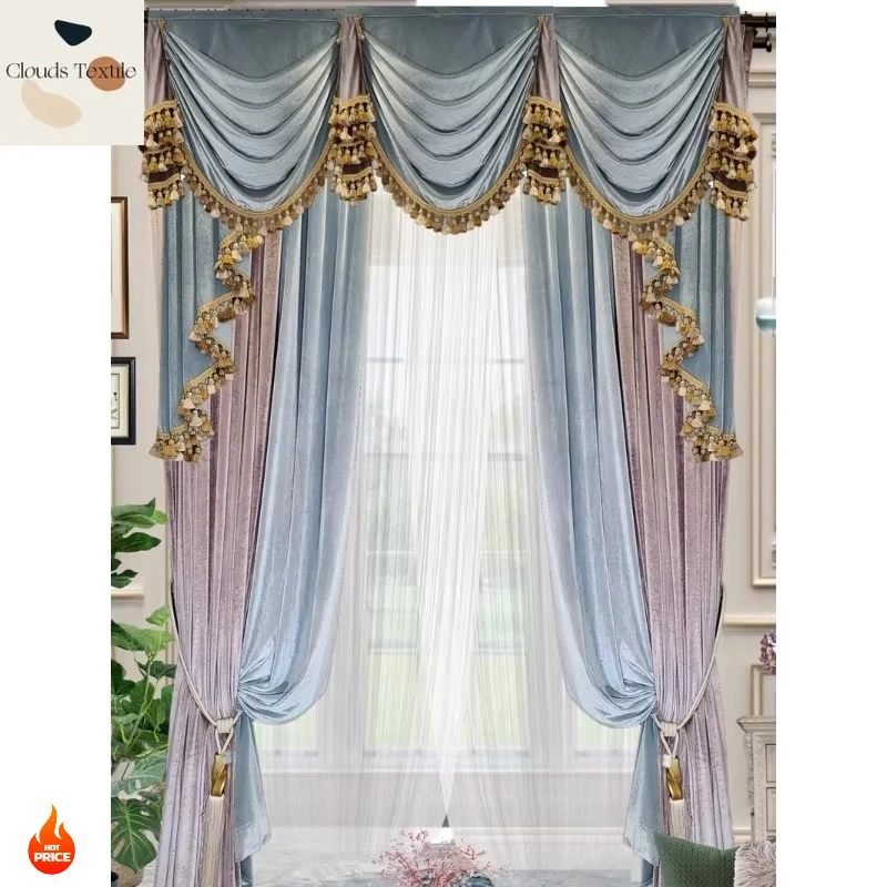 

Gray Blue Velvet Luxury Style European Curtains French Curtains for Living Dining Room Bedroom Light Luxury Villa High Window