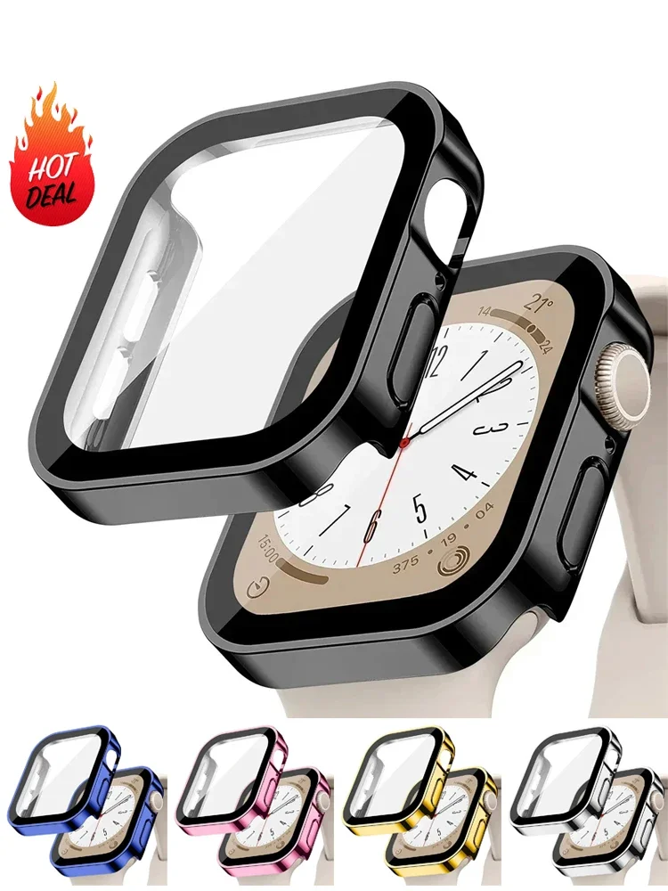 الزجاج المقسى + غطاء لسلسلة ساعات أبل SE3 9 8 7 6 5 4 44 مللي متر 40 متر 41 مللي متر 45 مللي متر حافة مستقيمة واقي للشاشة اكسسوارات #1