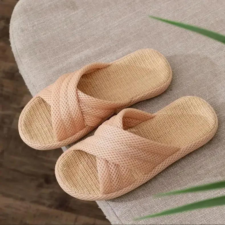

Women Home Floor Flax Slippers 2025 Spring Summer Shoes Breathable Fabric Anti-slip Couples Indoor Linen Slides House Footwear