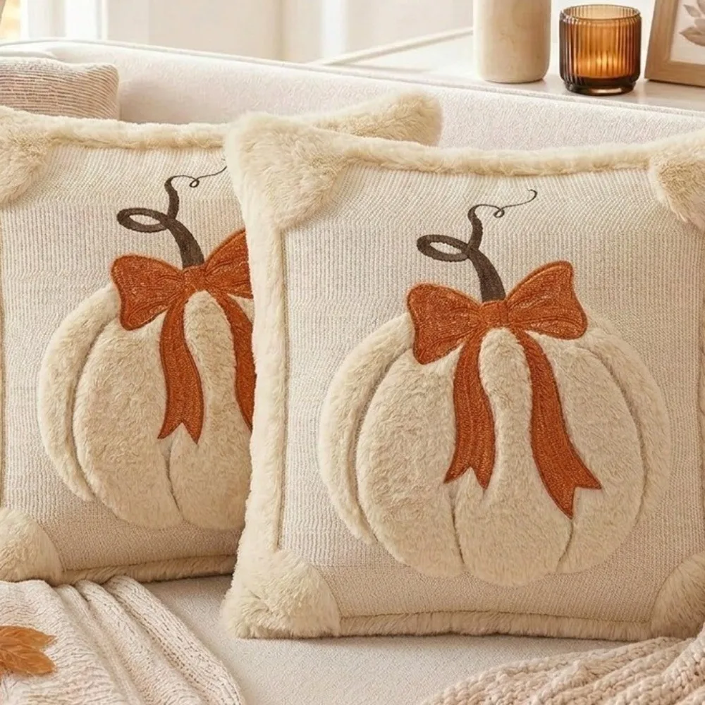 18x18 Inches Throw Pillow Covers Pumpkin Pattern Soft Fabric Pumpkin Cushion Cover Faux Wool Material Embroidery Details