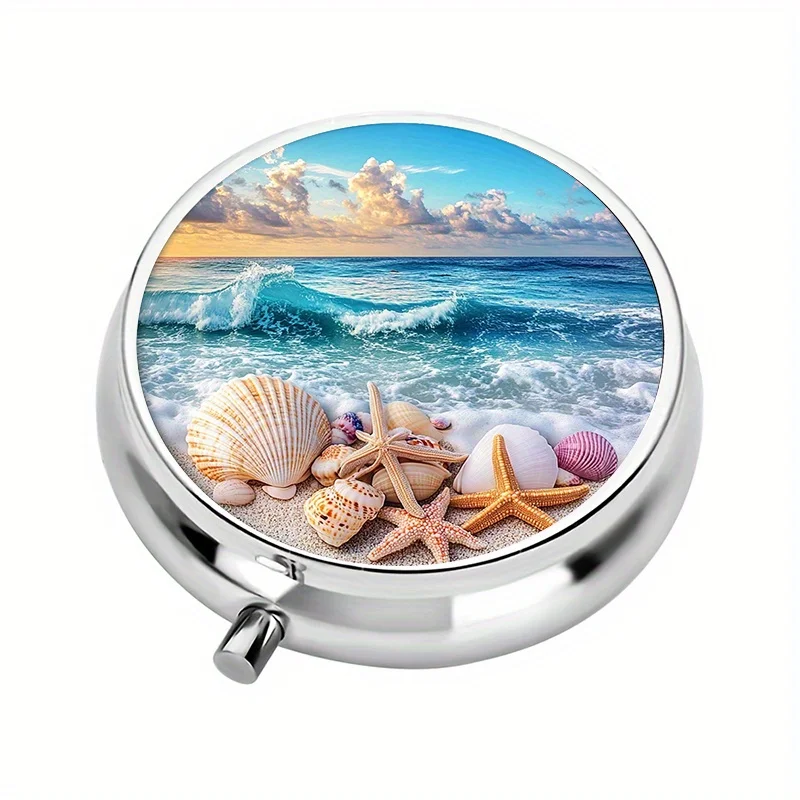1 pill box with 3 compartments, ocean shell themed mini pill box, portable for travel or as a wallet pill box