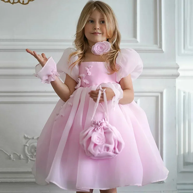 

CustomizedLight Pink A-Line Flower Girl Dresses Cute Flowers O-Neck Knee-Length Wedding Occasion Gowns Customized