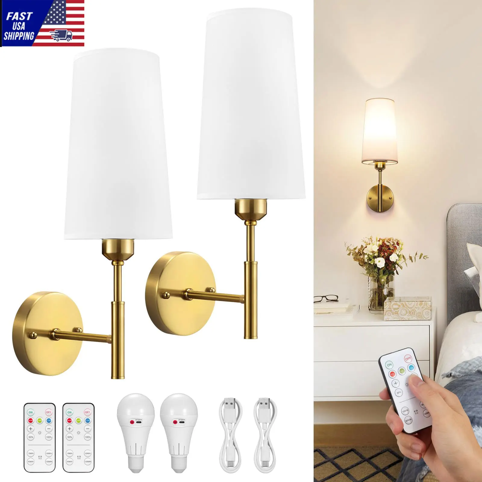 2 Pack Wireless Rechargeable Wall Sconces With Bulbs Battery Operated LED Wall Light Fixture with Remote Control