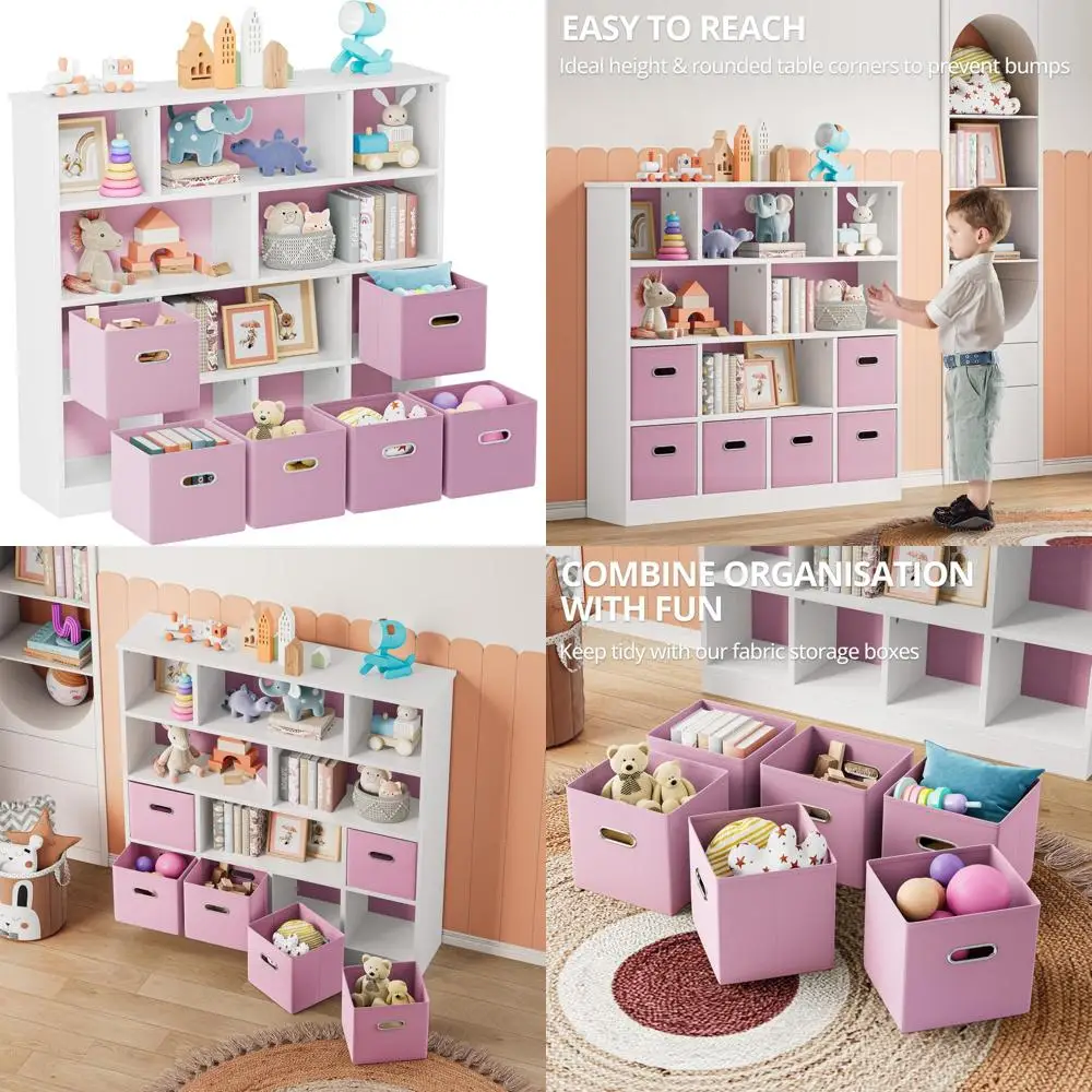 12칸 나무 수납 선반, 6개의 수납함, 어린이용 3단 책장, 장난감 및 책 보관함, 핑크색