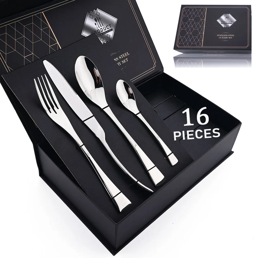 16Pcs Tableware Set 304 Stainless Steel Cutlery Table Dinner Knife Fork Spoon Dinnerware Flatware Kitchen Silverware Gift Box