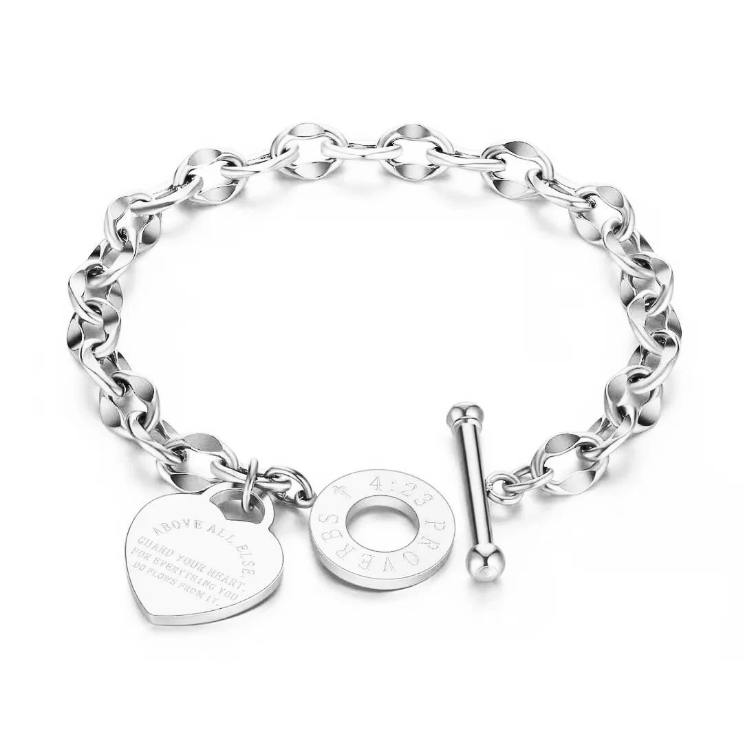 1pc Stainless Steel Bracelet With Heart Pendant, OT Buckle Couple Bracelet Unisex image 2